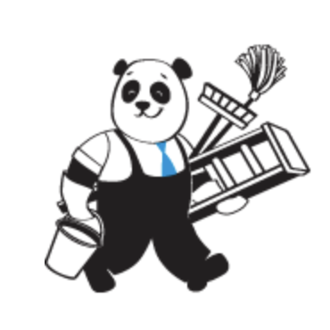 A panda bear holding a bucket and brush.